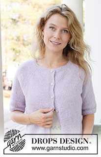 Lavender Dust Cardigan / DROPS 257-10 - Knitted jacket with short sleeves in DROPS Sky. Piece is knitted top down in stocking stitch with raglan and i-cord. Size: S - XXXL.