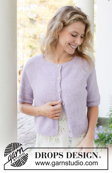 Lavender Dust Cardigan / DROPS 257-10 - Knitted jacket with short sleeves in DROPS Sky. Piece is knitted top down in stocking stitch with raglan and i-cord. Size: S - XXXL.