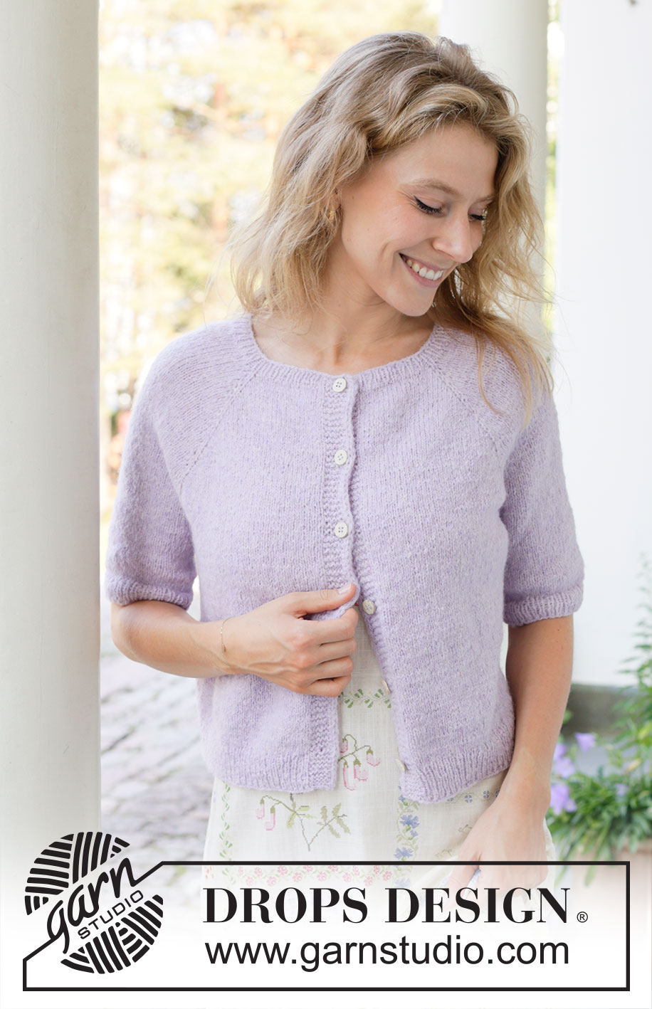 Lavender Dust Cardigan / DROPS 257-10 - Knitted jacket with short sleeves in DROPS Sky. Piece is knitted top down in stocking stitch with raglan and i-cord. Size: S - XXXL.