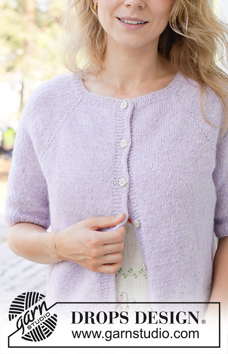 Lavender Dust Cardigan / DROPS 257-10 - Knitted jacket with short sleeves in DROPS Sky. Piece is knitted top down in stocking stitch with raglan and i-cord. Size: S - XXXL.