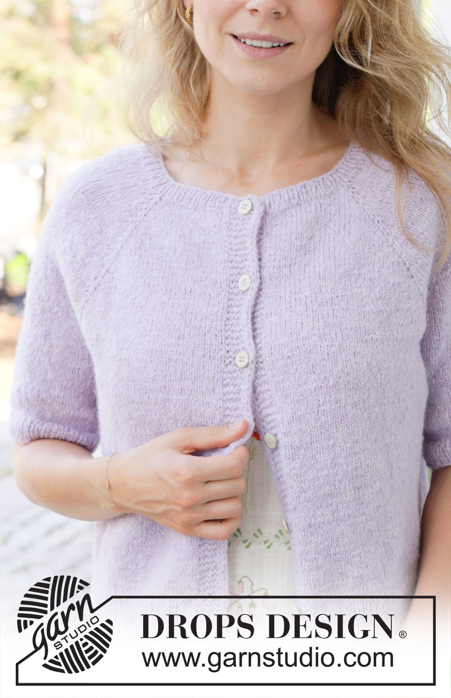 Lavender Dust Cardigan / DROPS 257-10 - Knitted jacket with short sleeves in DROPS Sky. Piece is knitted top down in stocking stitch with raglan and i-cord. Size: S - XXXL.
