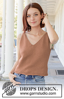 Caramel Dip / DROPS 257-11 - Knitted top in DROPS Cotton Light. The piece is worked top down with stocking stitch, I-cord and V-neck. Sizes S - XXXL.