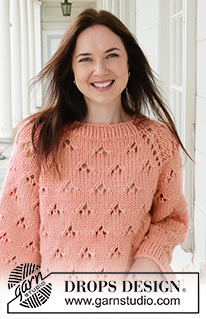 Sweet Cantaloupe / DROPS 257-14 - Strikket genser i DROPS Snow. Arbeidet strikkes ovenfra og ned med raglan og hullmønster. Størrelse XS - XXL.