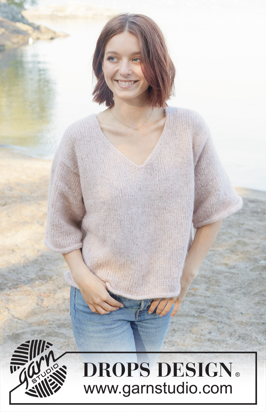 Harbour Day / DROPS 257-17 - Knitted jumper in DROPS Air. The piece is worked top down with European/diagonal shoulders, V-neck, I-cord and short sleeves. Sizes XS - XXL.