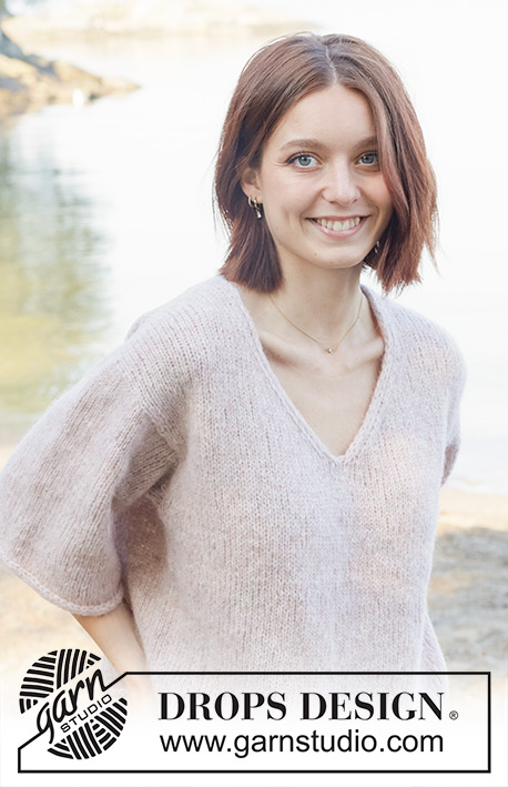 Harbour Day / DROPS 257-17 - Knitted jumper in DROPS Air. The piece is worked top down with European/diagonal shoulders, V-neck, I-cord and short sleeves. Sizes XS - XXL.
