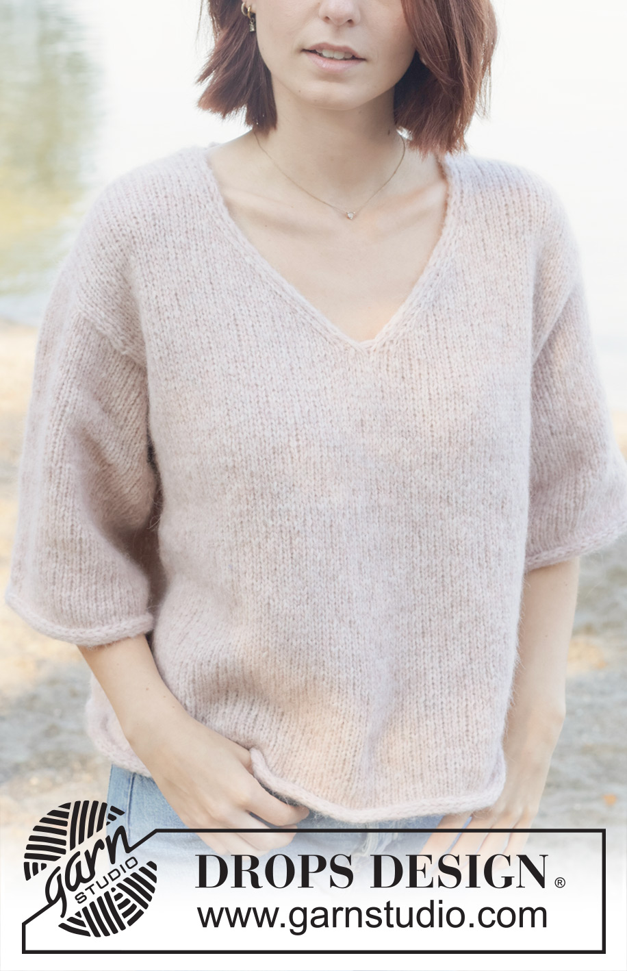 Harbour Day / DROPS 257-17 - Knitted jumper in DROPS Air. The piece is worked top down with European/diagonal shoulders, V-neck, I-cord and short sleeves. Sizes XS - XXL.