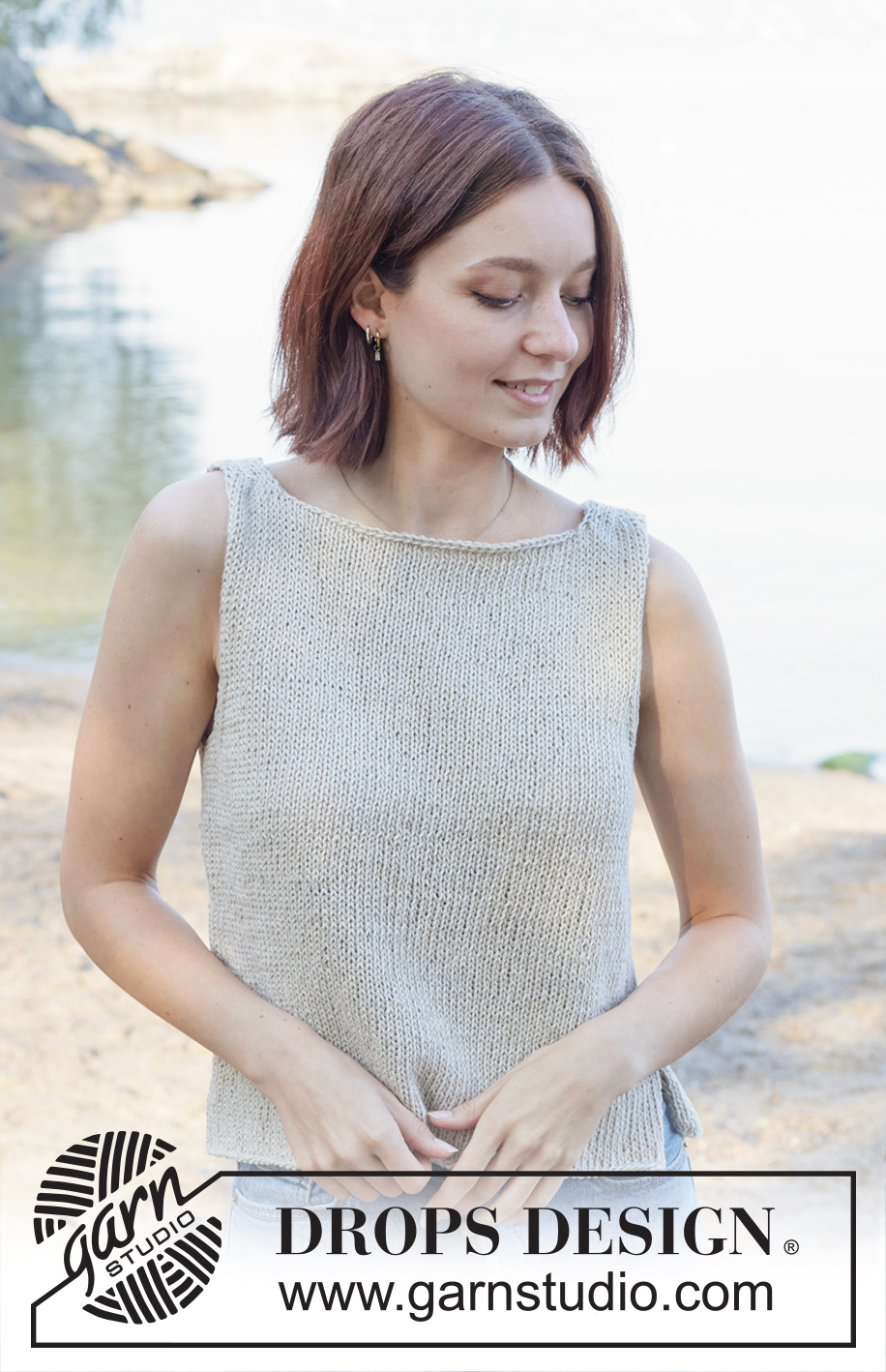 Silver Reflection / DROPS 257-18 - Knitted top in DROPS Bomull-Lin. Piece is knitted bottom up in stocking stitch with I-cord and boat neck. Size: S - XXXL.