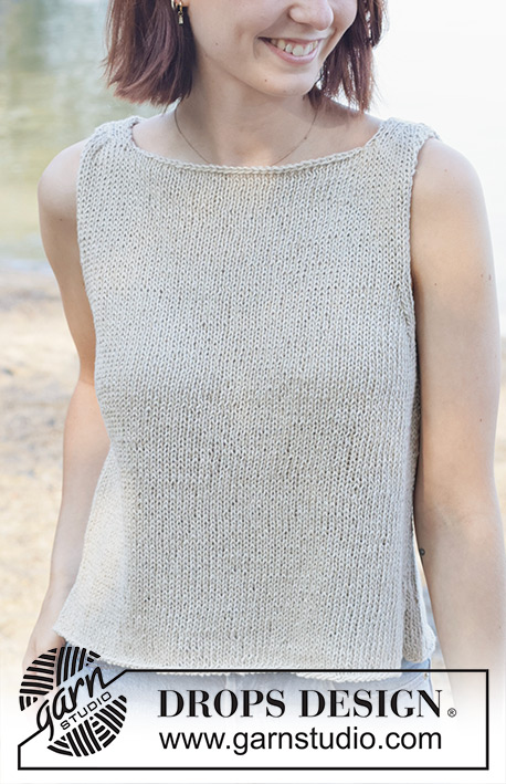 Silver Reflection / DROPS 257-18 - Knitted top in DROPS Bomull-Lin. Piece is knitted bottom up in stocking stitch with I-cord and boat neck. Size: S - XXXL.