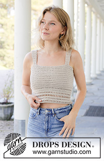Sandstone Charm / DROPS 257-19 - Crocheted top in DROPS Muskat. The piece is worked bottom up with split mid-back, treble and double crochets and a lace pattern along the bottom edge. Sizes S - XXXL.