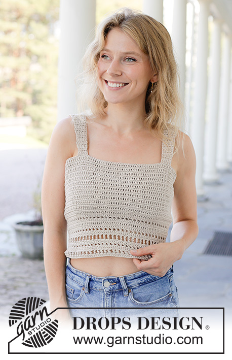 Sandstone Charm / DROPS 257-19 - Crocheted top in DROPS Muskat. The piece is worked bottom up with split mid-back, treble and double crochets and a lace pattern along the bottom edge. Sizes S - XXXL.