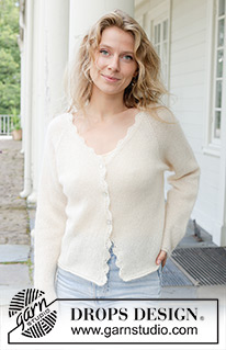 Sweet Harmony Cardigan / DROPS 257-2 - Knitted jacket in 1 strand DROPS Flora or DROPS Alpaca and 1 strand DROPS Kid-Silk. The piece is worked top down, with stockinette stitch, raglan, V-neck, rolled edges and crocheted edges. Sizes S - XXXL.