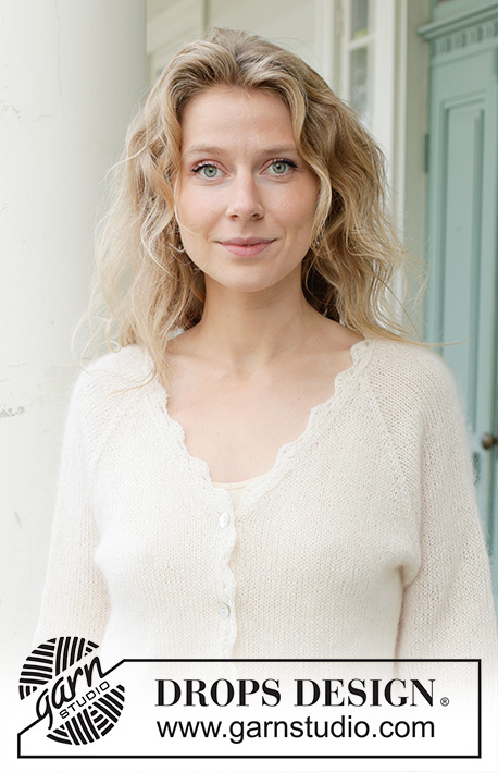 Sweet Harmony Cardigan / DROPS 257-2 - Knitted jacket in 1 strand DROPS Flora or DROPS Alpaca and 1 strand DROPS Kid-Silk. The piece is worked top down, with stockinette stitch, raglan, V-neck, rolled edges and crocheted edges. Sizes S - XXXL.