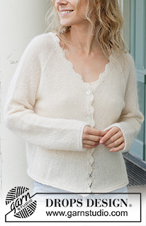 Sweet Harmony Cardigan / DROPS 257-2 - Knitted jacket in 1 strand DROPS Flora or DROPS Alpaca and 1 strand DROPS Kid-Silk. The piece is worked top down, with stockinette stitch, raglan, V-neck, rolled edges and crocheted edges. Sizes S - XXXL.