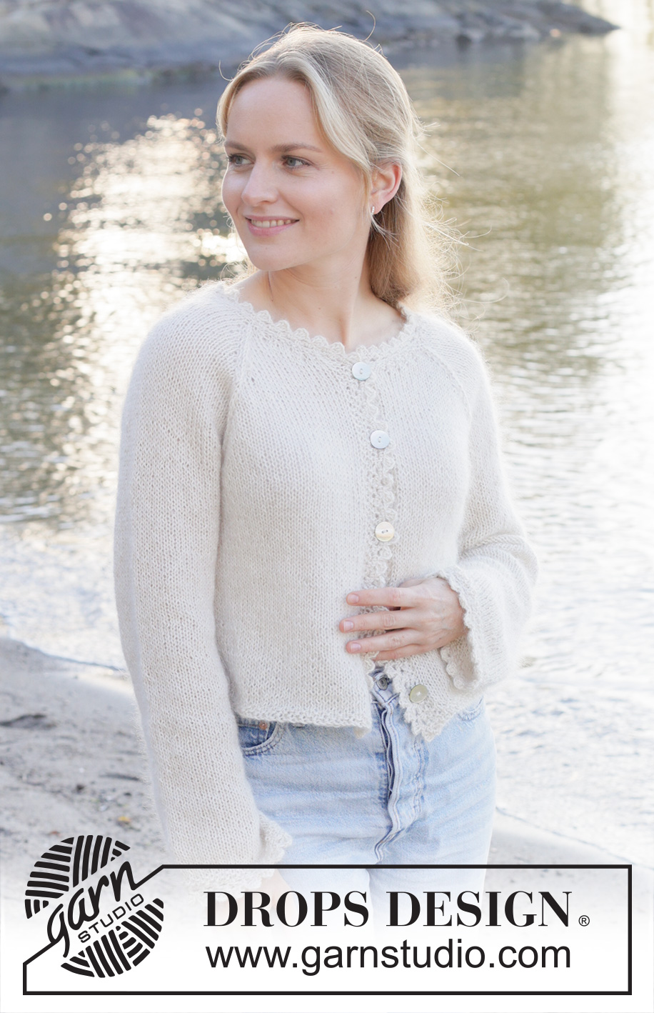 White Cascade Cardigan / DROPS 257-25 - Knitted jacket in 1 strand DROPS Alpaca or DROPS Nord and 1 strand DROPS Kid-Silk. The piece is worked top down with stocking stitch, raglan and crocheted edges. Sizes S - XXXL.