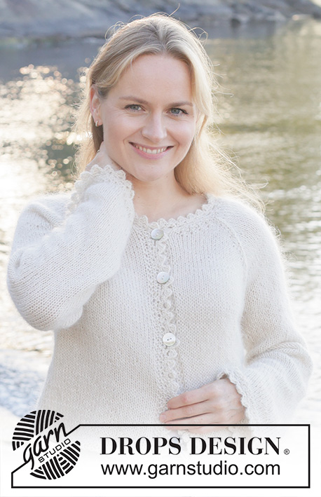 White Cascade Cardigan / DROPS 257-25 - Knitted jacket in 1 strand DROPS Alpaca or DROPS Nord and 1 strand DROPS Kid-Silk. The piece is worked top down with stocking stitch, raglan and crocheted edges. Sizes S - XXXL.