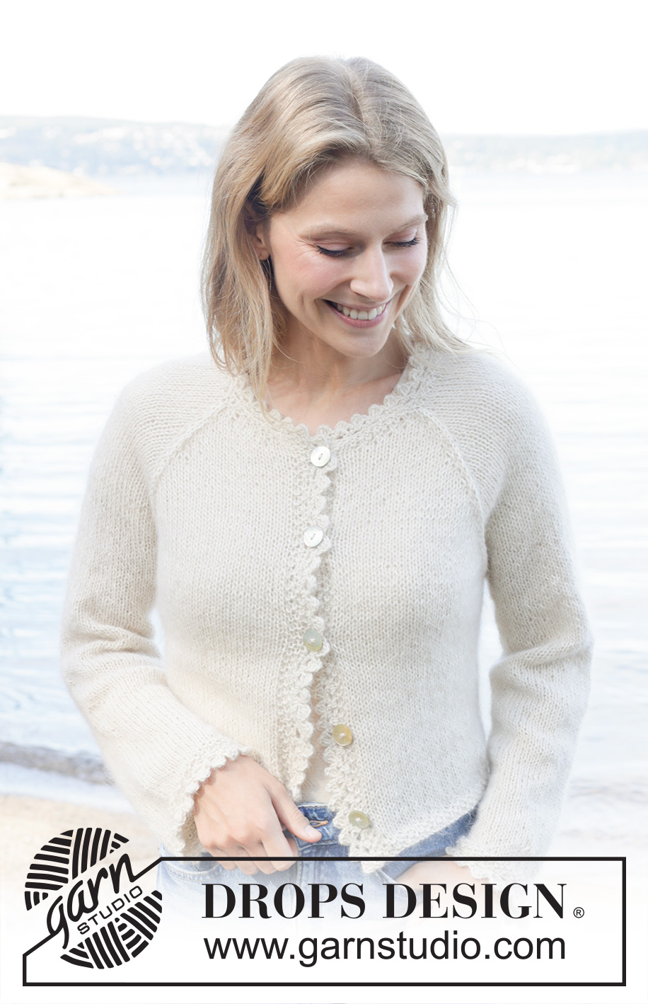 White Cascade Cardigan / DROPS 257-25 - Knitted jacket in 1 strand DROPS Alpaca or DROPS Nord and 1 strand DROPS Kid-Silk. The piece is worked top down with stocking stitch, raglan and crocheted edges. Sizes S - XXXL.
