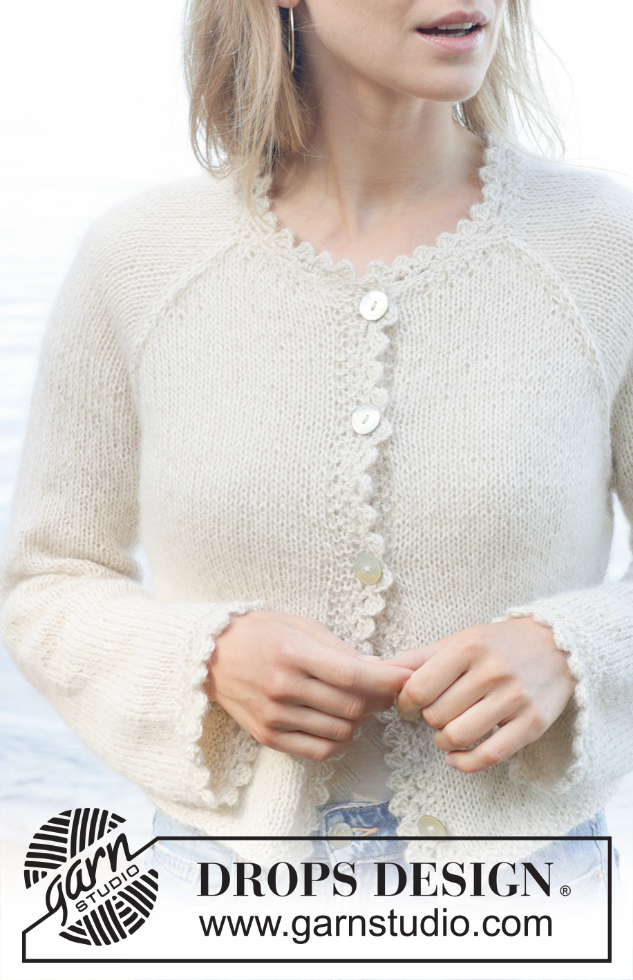 White Cascade Cardigan / DROPS 257-25 - Knitted jacket in 1 strand DROPS Alpaca or DROPS Nord and 1 strand DROPS Kid-Silk. The piece is worked top down with stocking stitch, raglan and crocheted edges. Sizes S - XXXL.
