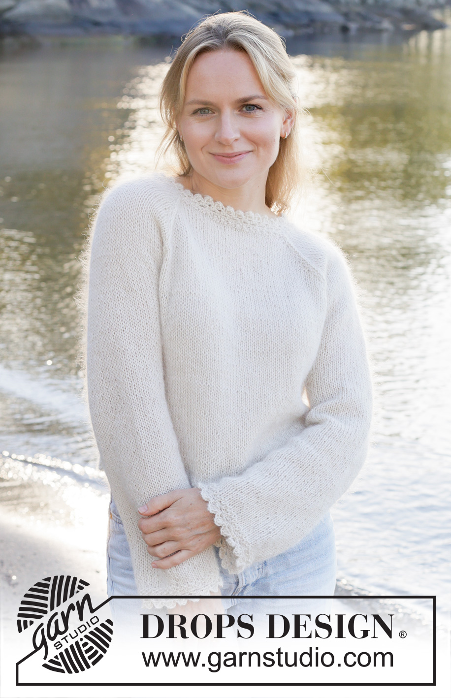 White Cascade / DROPS 257-26 - Knitted jumper in 1 strand DROPS Alpaca or DROPS Nord and 1 strand DROPS Kid-Silk. Piece is knitted top down in stocking stitch with raglan and crochet edges. Size: S - XXXL.