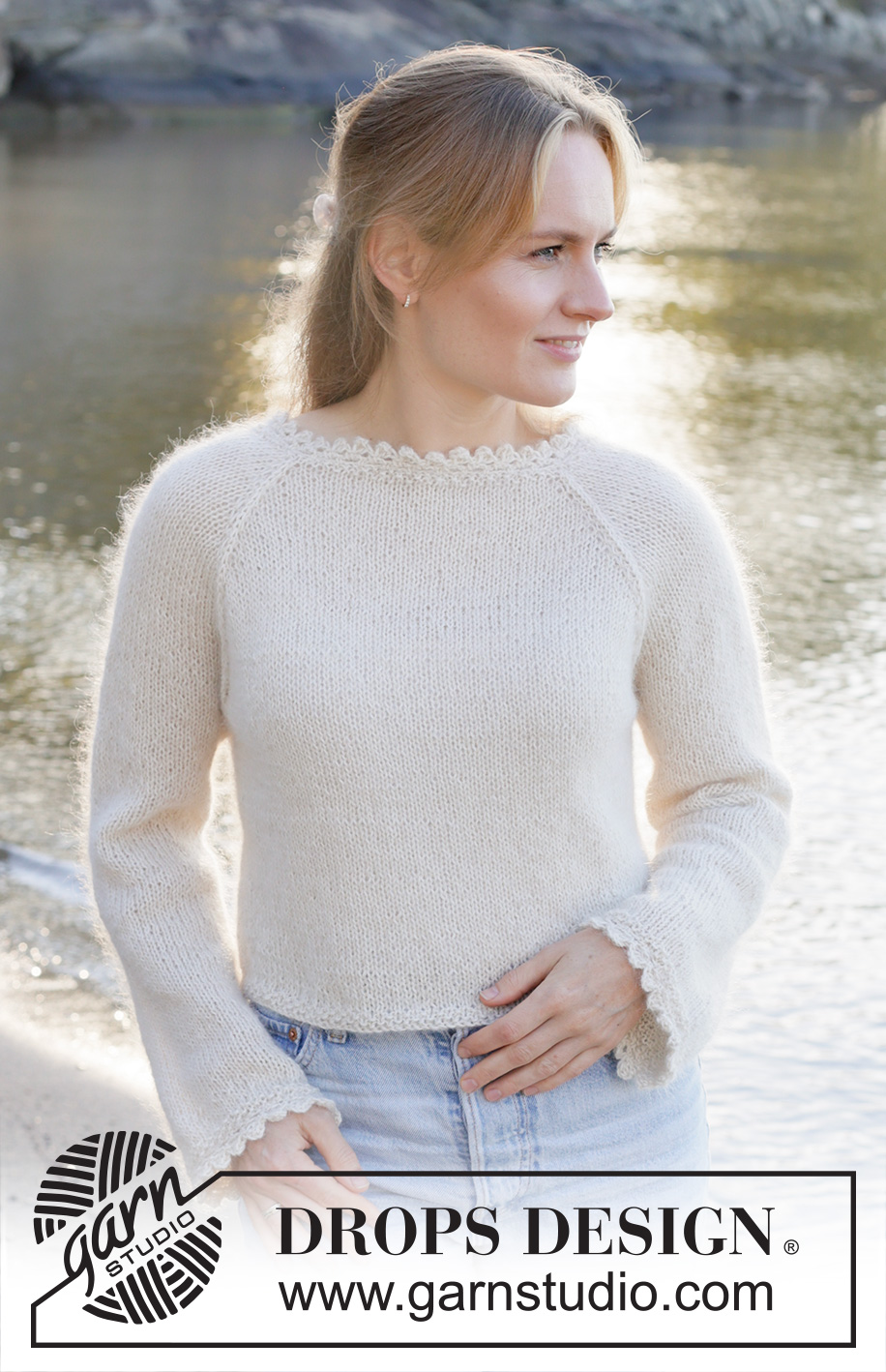 White Cascade / DROPS 257-26 - Knitted jumper in 1 strand DROPS Alpaca or DROPS Nord and 1 strand DROPS Kid-Silk. Piece is knitted top down in stocking stitch with raglan and crochet edges. Size: S - XXXL.