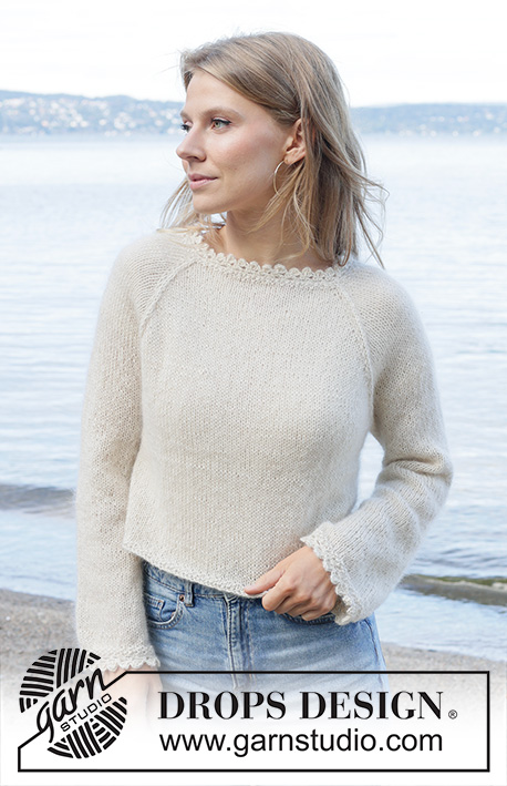 White Cascade / DROPS 257-26 - Knitted jumper in 1 strand DROPS Alpaca or DROPS Nord and 1 strand DROPS Kid-Silk. Piece is knitted top down in stocking stitch with raglan and crochet edges. Size: S - XXXL.