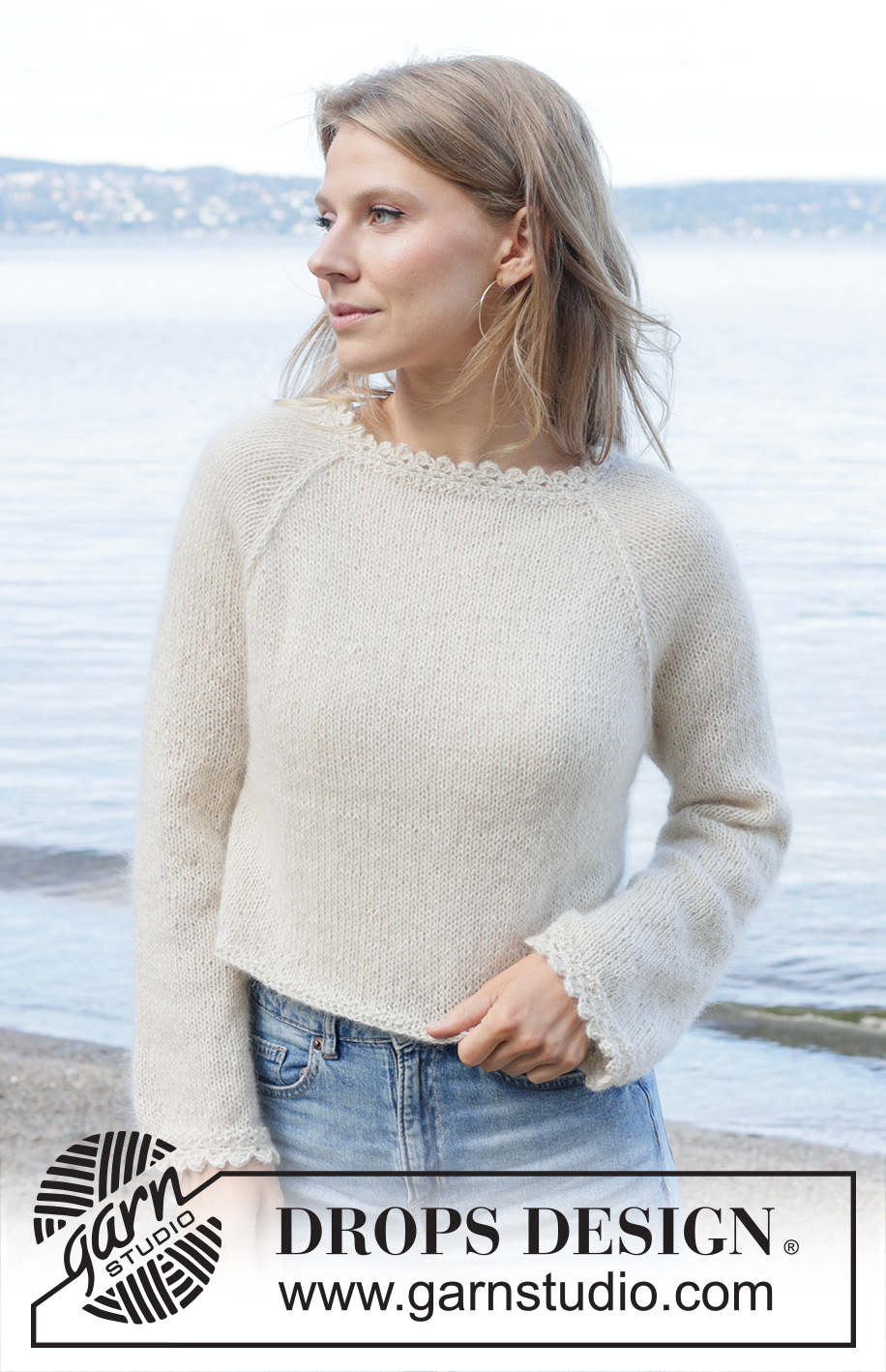 White Cascade / DROPS 257-26 - Knitted jumper in 1 strand DROPS Alpaca or DROPS Nord and 1 strand DROPS Kid-Silk. Piece is knitted top down in stocking stitch with raglan and crochet edges. Size: S - XXXL.
