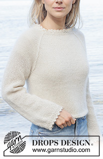 White Cascade / DROPS 257-26 - Knitted jumper in 1 strand DROPS Alpaca or DROPS Nord and 1 strand DROPS Kid-Silk. Piece is knitted top down in stocking stitch with raglan and crochet edges. Size: S - XXXL.