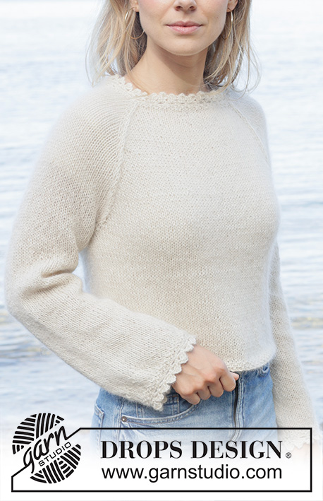 White Cascade / DROPS 257-26 - Knitted jumper in 1 strand DROPS Alpaca or DROPS Nord and 1 strand DROPS Kid-Silk. Piece is knitted top down in stocking stitch with raglan and crochet edges. Size: S - XXXL.