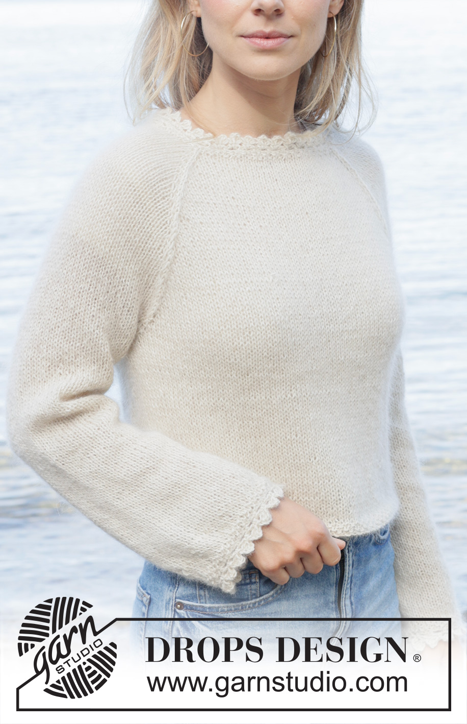 White Cascade / DROPS 257-26 - Knitted jumper in 1 strand DROPS Alpaca or DROPS Nord and 1 strand DROPS Kid-Silk. Piece is knitted top down in stocking stitch with raglan and crochet edges. Size: S - XXXL.