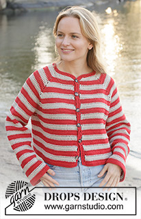 Love Stripes Cardigan / DROPS 257-27 - Gehäkelte Jacke in DROPS Cotton Light. Die Arbeit wird von oben nach unten mit Raglan und Streifen gehäkelt. Größe S - XXXL.