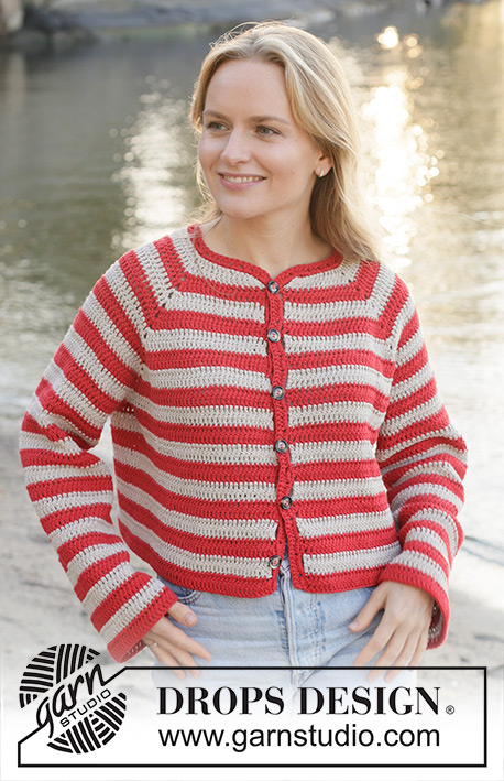 Love Stripes Cardigan / DROPS 257-27 - Gehäkelte Jacke in DROPS Cotton Light. Die Arbeit wird von oben nach unten mit Raglan und Streifen gehäkelt. Größe S - XXXL.