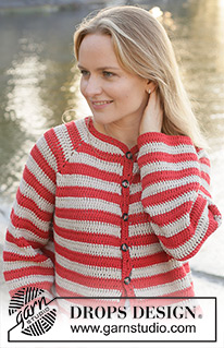 Love Stripes Cardigan / DROPS 257-27 - Gehäkelte Jacke in DROPS Cotton Light. Die Arbeit wird von oben nach unten mit Raglan und Streifen gehäkelt. Größe S - XXXL.