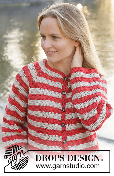 Love Stripes Cardigan / DROPS 257-27 - Gehäkelte Jacke in DROPS Cotton Light. Die Arbeit wird von oben nach unten mit Raglan und Streifen gehäkelt. Größe S - XXXL.