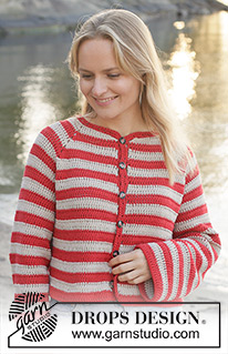 Love Stripes Cardigan / DROPS 257-27 - Gehäkelte Jacke in DROPS Cotton Light. Die Arbeit wird von oben nach unten mit Raglan und Streifen gehäkelt. Größe S - XXXL.
