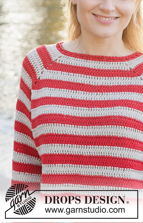 Love Stripes / DROPS 257-28 - DROPS Cotton Light lõngast ülevalt alla heegeldatud raglaanvarrukatega ja triipudega džemper suurustele S kuni XXXL
