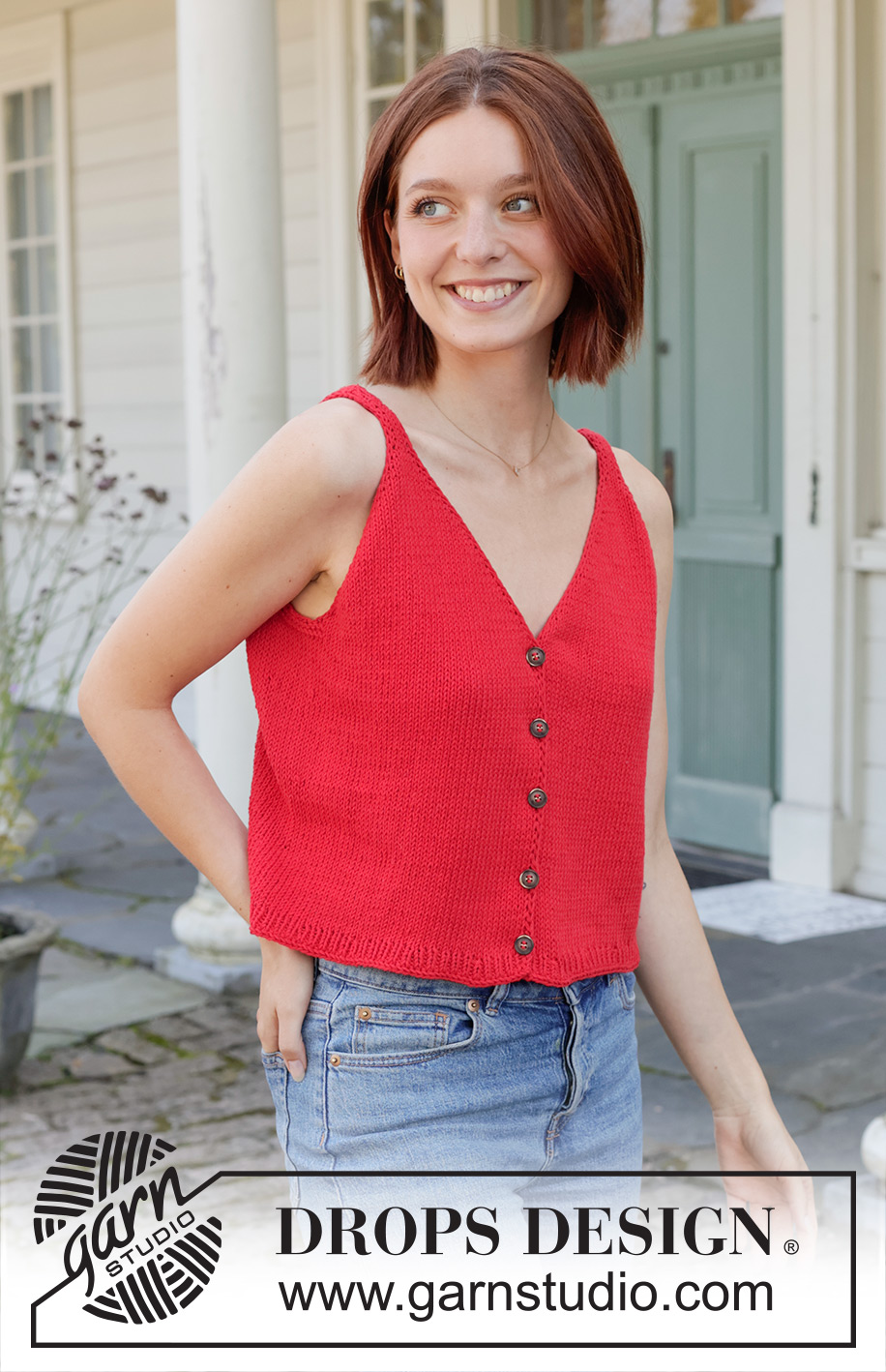 Juliet Blushes / DROPS 257-30 - Strikket topp / vest i DROPS Cotton Light. Arbeidet strikkes ovenfra og ned med glattstrikk, i-cord og v-hals. Størrelse S - XXXL.