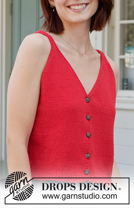 Juliet Blushes / DROPS 257-30 - Strikket topp / vest i DROPS Cotton Light. Arbeidet strikkes ovenfra og ned med glattstrikk, i-cord og v-hals. Størrelse S - XXXL.