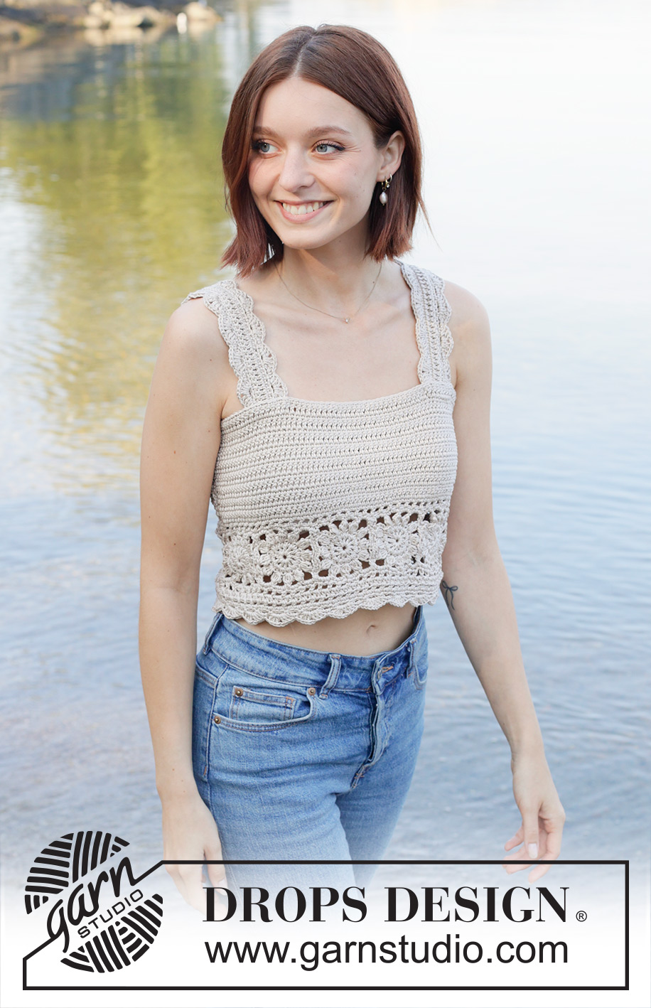 Beach Dream Top / DROPS 257-33 - Crocheted top in DROPS Muskat. The piece is worked bottom up in treble and double crochet with Granny squares. Sizes S - XXXL.