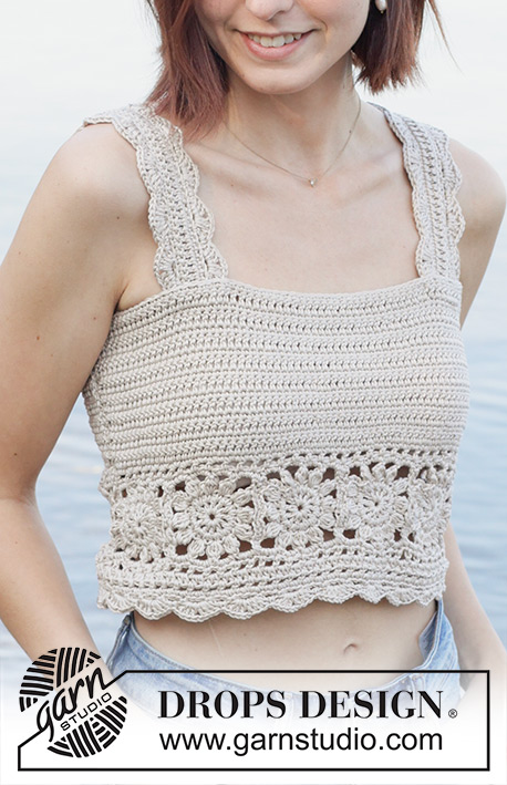 Beach Dream Top / DROPS 257-33 - Crocheted top in DROPS Muskat. The piece is worked bottom up in treble and double crochet with Granny squares. Sizes S - XXXL.