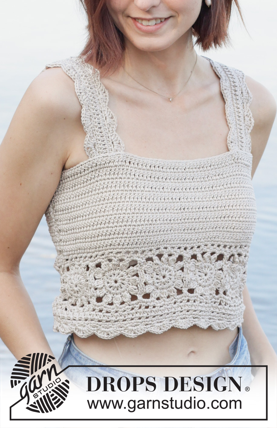 Beach Dream Top / DROPS 257-33 - Crocheted top in DROPS Muskat. The piece is worked bottom up in treble and double crochet with Granny squares. Sizes S - XXXL.