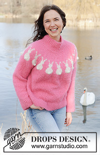 Bunny Bloom / DROPS 257-36 - Pulovr s kruhovým sedlem a motivem zajíčka pletený shora dolů z příze DROPS Melody. Velikosti: XS - XXL. Téma: Velikonoce.