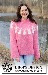 Bunny Bloom / DROPS 257-36 - Pulovr s kruhovým sedlem a motivem zajíčka pletený shora dolů z příze DROPS Melody. Velikosti: XS - XXL. Téma: Velikonoce.
