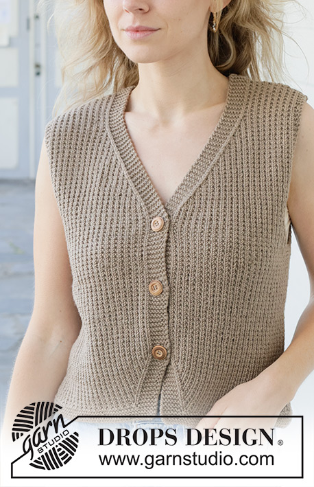Coffee Ridge Vest / DROPS 257-4 - Knitted vest in DROPS Merino Extra Fine. The piece is worked bottom up with moss-stitch rib, garter stitch and V-neck. Sizes S - XXXL.
