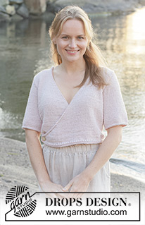 New Dawn Wrap / DROPS 257-5 - Knitted wrap-over jacket with short sleeves in DROPS Cotton Merino. The piece is worked bottom up with stocking stitch V-neck and I-cord. Sizes S - XXXL.