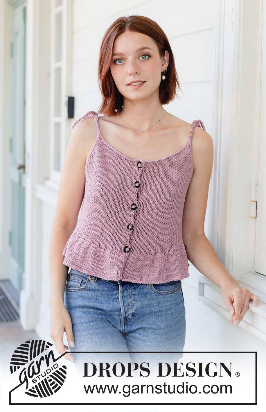 Dancing Darling Top / DROPS 257-7 - Knitted top in DROPS Paris. Piece is knitted top down with buttons, ties and flounce. Size: S - XXXL.