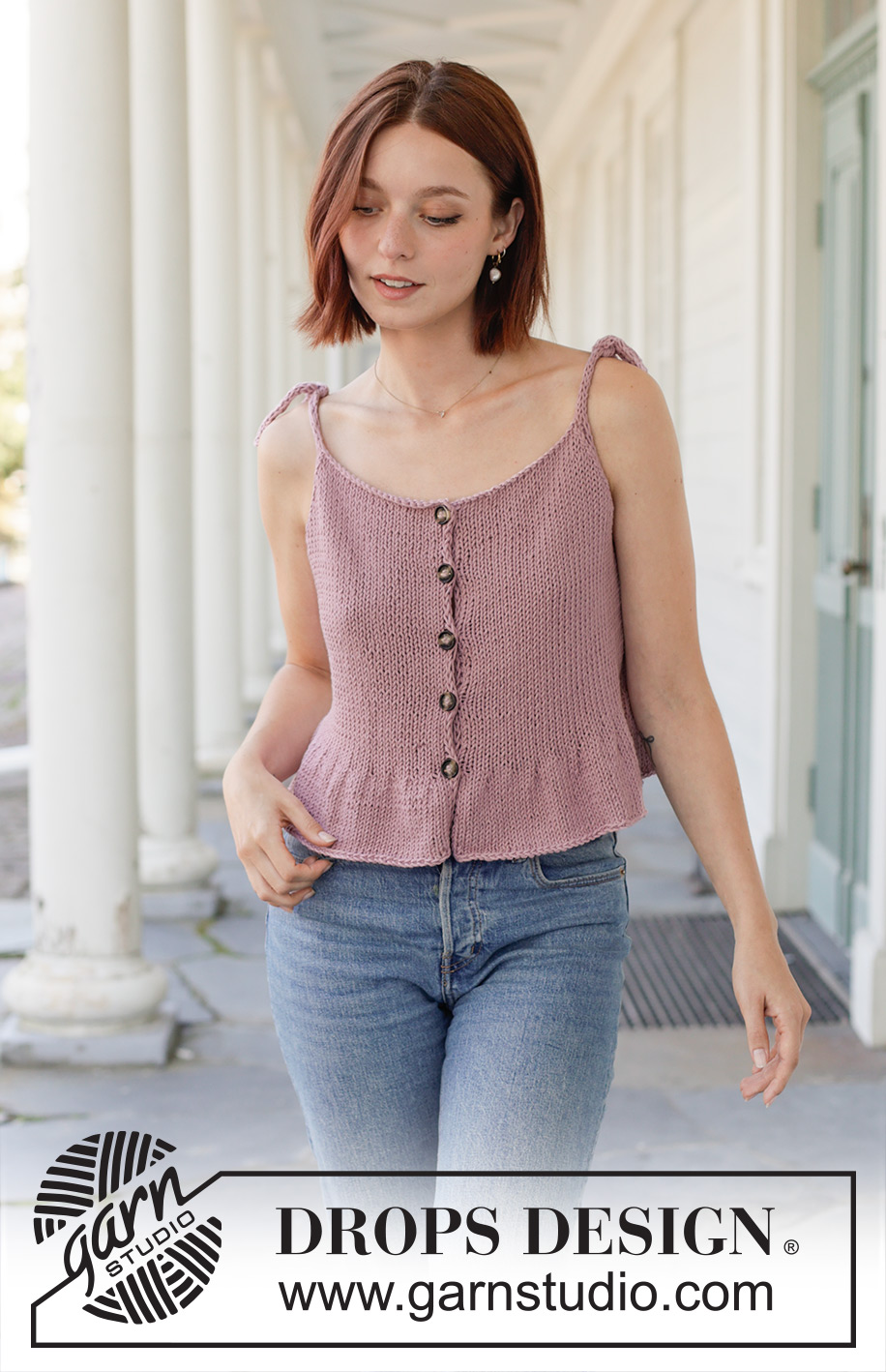 Dancing Darling Top / DROPS 257-7 - Knitted top in DROPS Paris. Piece is knitted top down with buttons, ties and flounce. Size: S - XXXL.