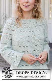 Seafoam Whisper / DROPS 258-10 - Maglione lavorato all’uncinetto in DROPS Sky e DROPS Kid-Silk. Lavorato dall’alto in basso con sprone rotondo e motivo traforato. Taglie: S - XXXL.