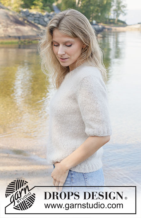 Misty Move / DROPS 258-11 - Strikket genser i 1 tråd DROPS Melody eller 2 tråder DROPS Brushed Alpaca Silk. Arbeidet strikkes ovenfra og ned med europeisk bærestykke og korte ermer.  Størrelse S - XXXL.