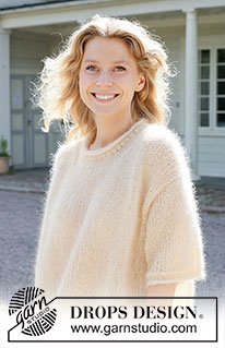 Easy Going / DROPS 258-12 - Gebreide oversized trui in 4 draden DROPS Kid-Silk. Het werk wordt van boven naar beneden gebreid met Europeaanse schouder / diagonale schouder, korte mouwen en rolranden. Maat XS – XXL.
