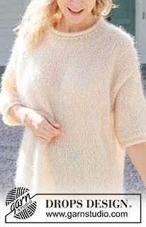 Easy Going / DROPS 258-12 - Gebreide oversized trui in 4 draden DROPS Kid-Silk. Het werk wordt van boven naar beneden gebreid met Europeaanse schouder / diagonale schouder, korte mouwen en rolranden. Maat XS – XXL.