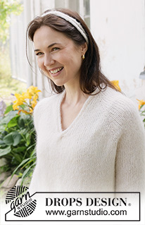 Delicate Dance / DROPS 258-13 - Knitted jumper in DROPS Brushed Alpaca Silk and DROPS Flora. The piece is worked top down with raglan, V-neck, rolled edges and I-cord. Sizes S - XXXL.